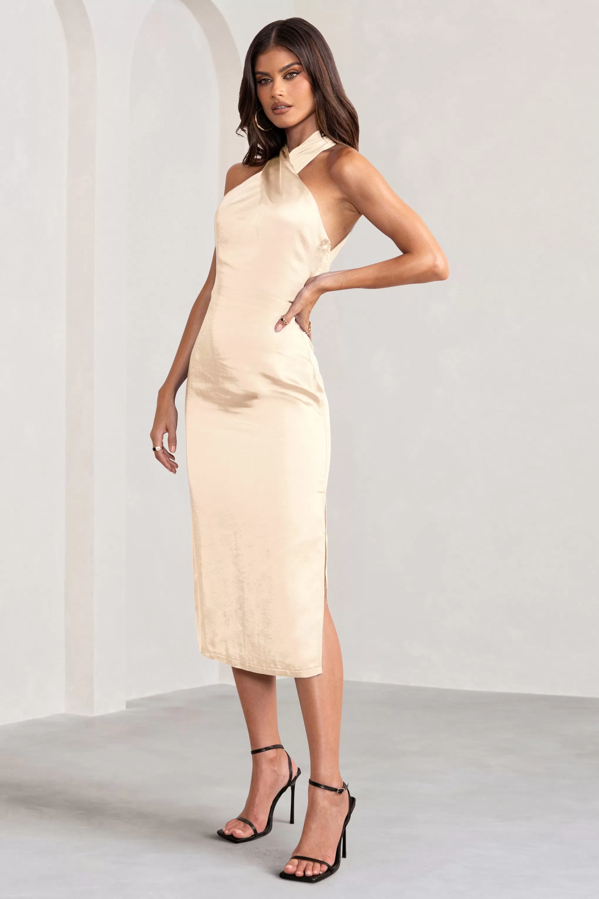 Dazzling | Cream Satin Cross Over Halter Neck Midi Dress