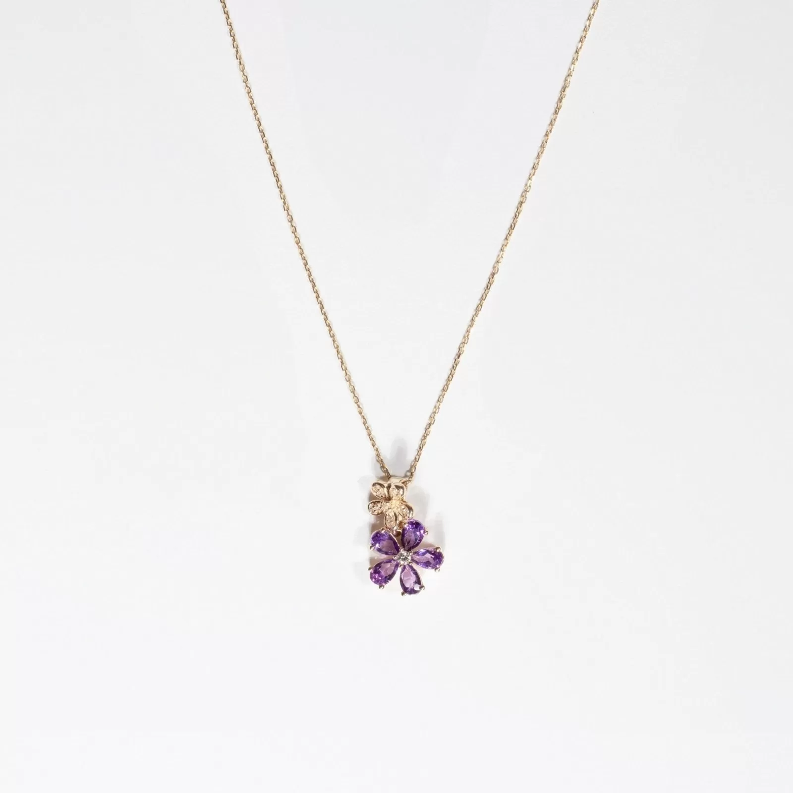 Double Flower Drop Pendant in Amethyst and White Sapphire