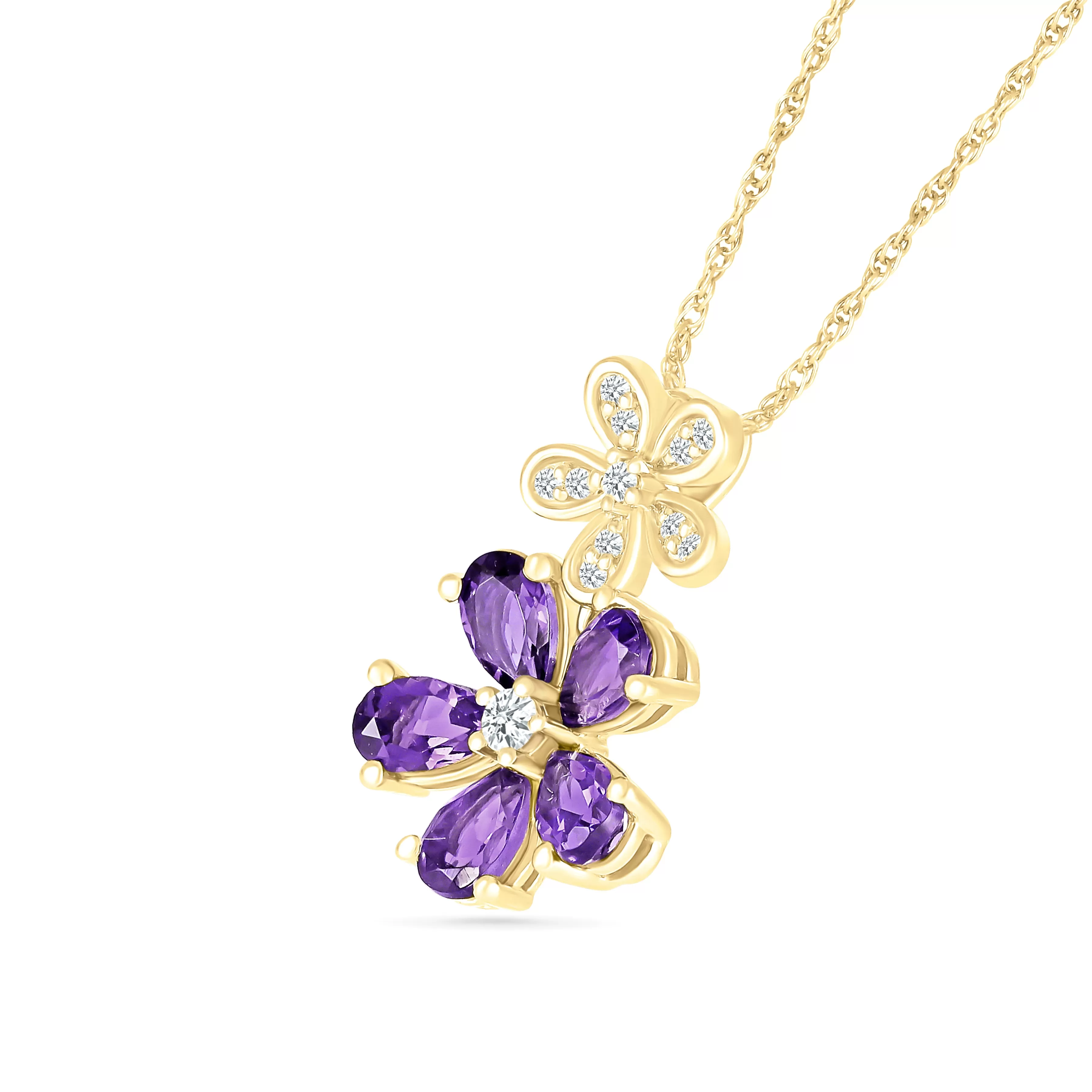 Double Flower Drop Pendant in Amethyst and White Sapphire