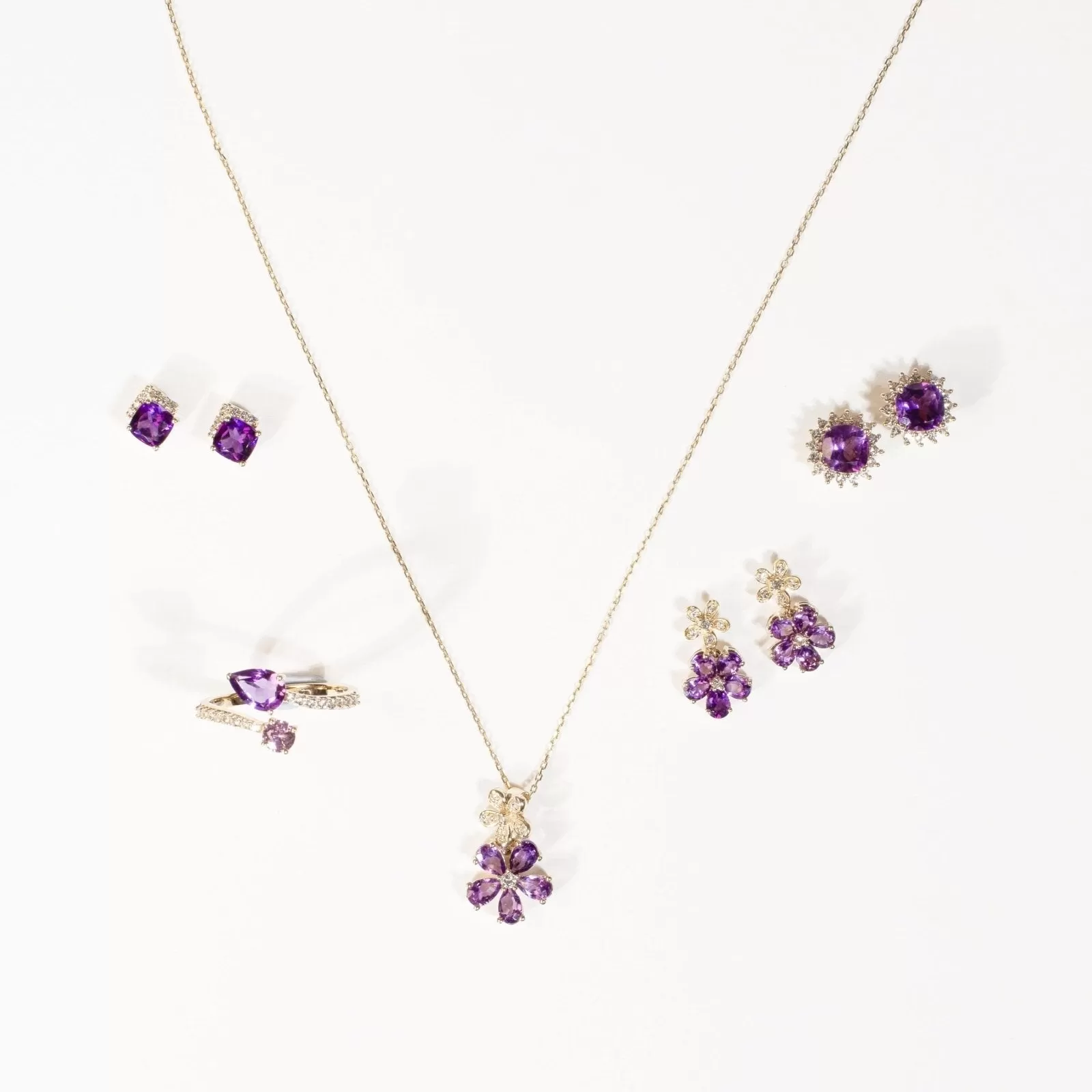 Double Flower Drop Pendant in Amethyst and White Sapphire