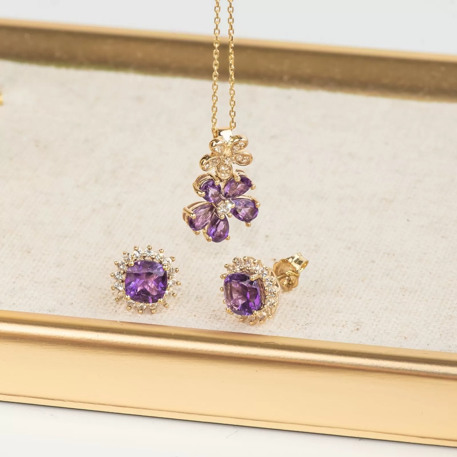 Double Flower Drop Pendant in Amethyst and White Sapphire