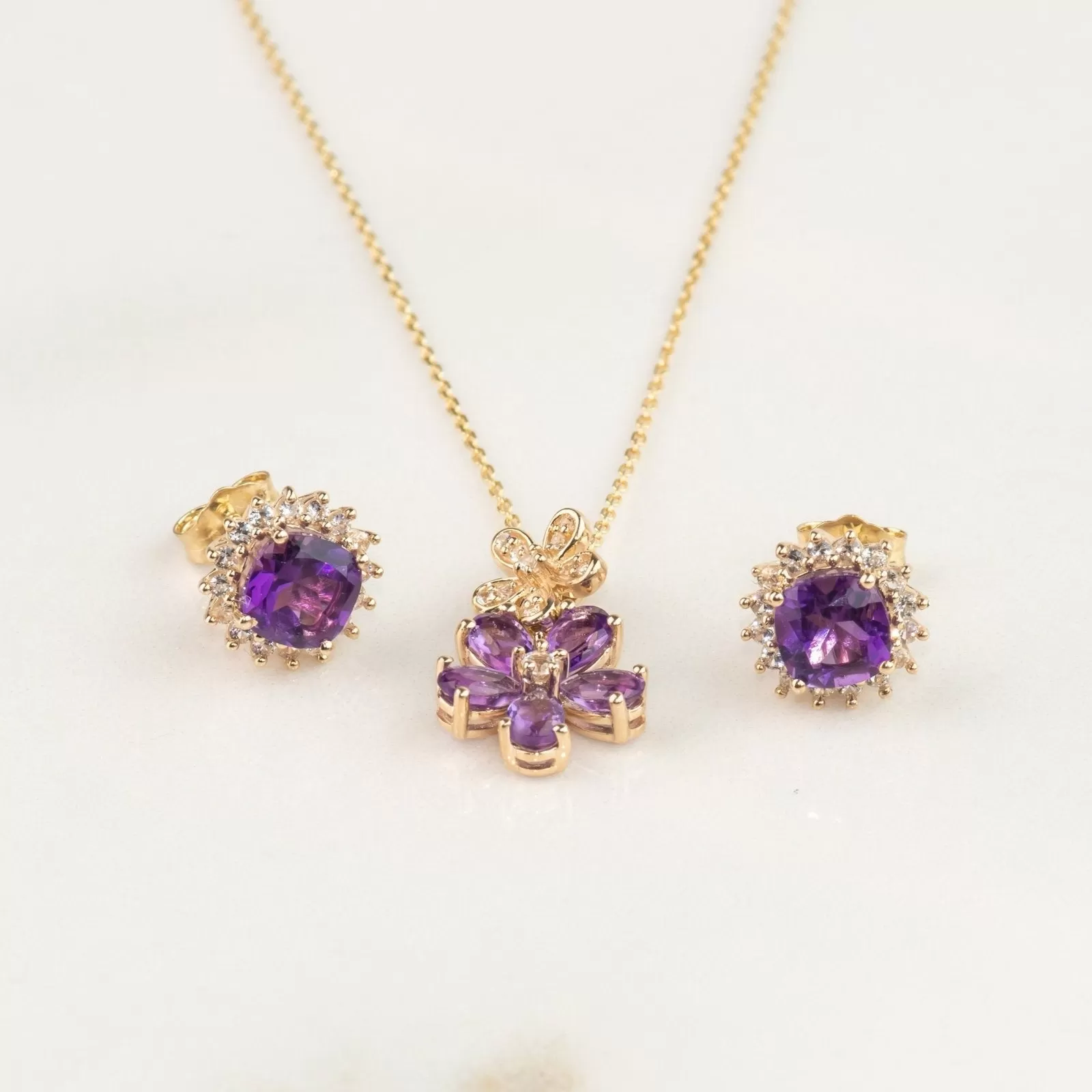 Double Flower Drop Pendant in Amethyst and White Sapphire