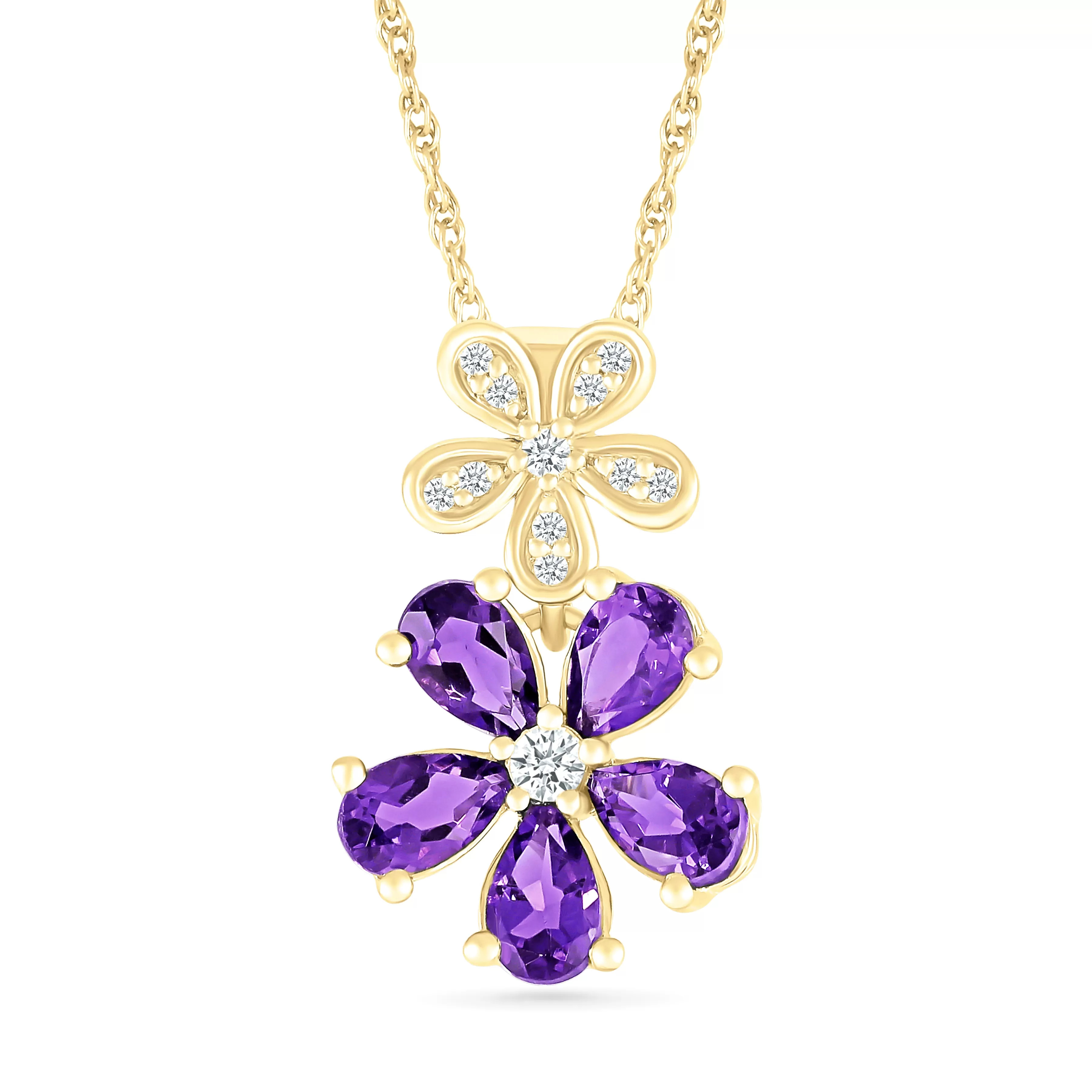 Double Flower Drop Pendant in Amethyst and White Sapphire