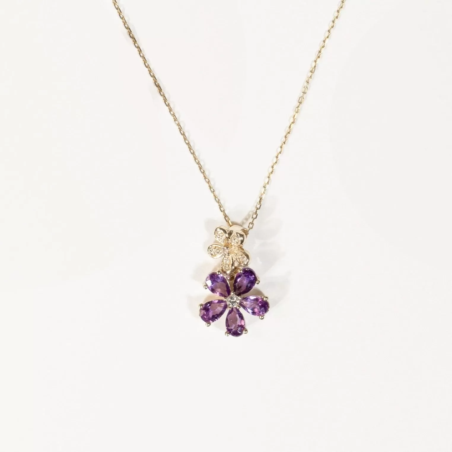 Double Flower Drop Pendant in Amethyst and White Sapphire