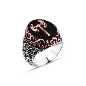 Double Headed Viking Axe on Black Ellipse Onyx Stone Silver Men's Ring with Wavy Pattern Around