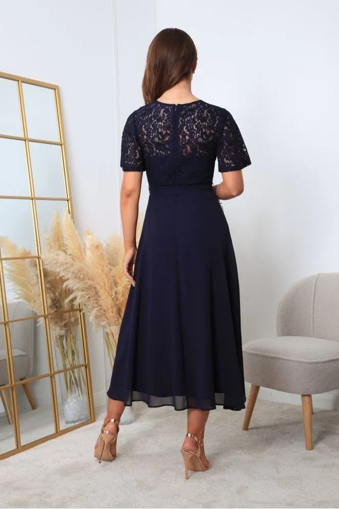 Double Second Navy Lace Wrap Front High Low Hem Dress