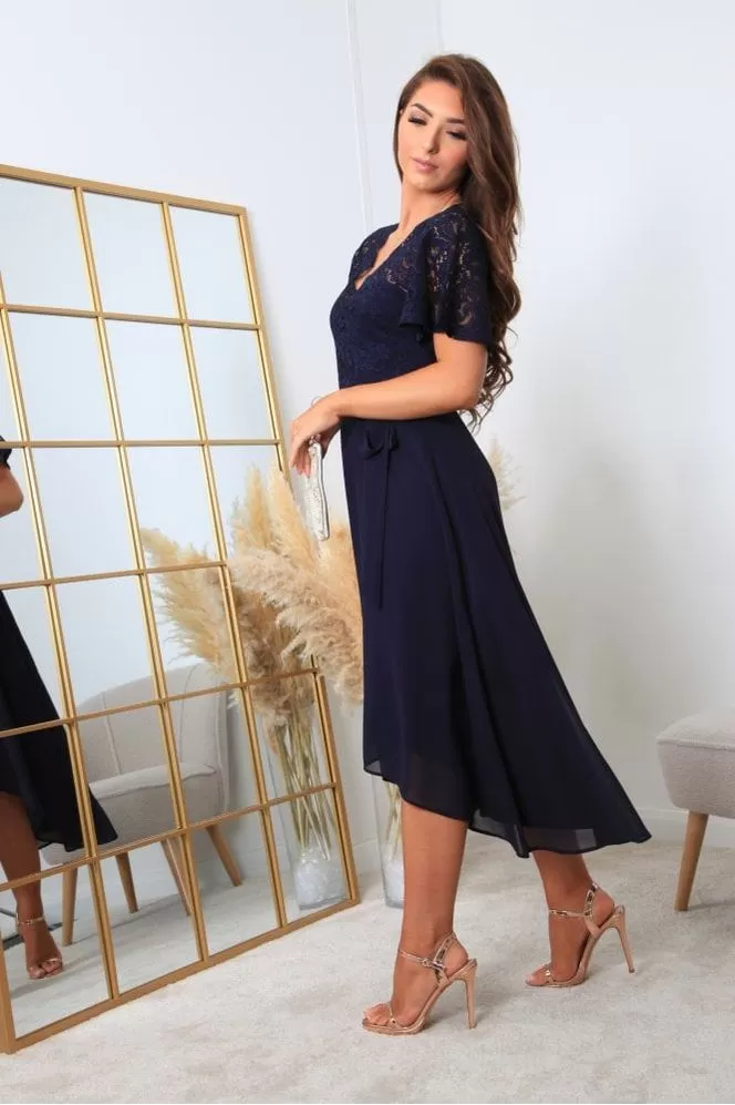 Double Second Navy Lace Wrap Front High Low Hem Dress