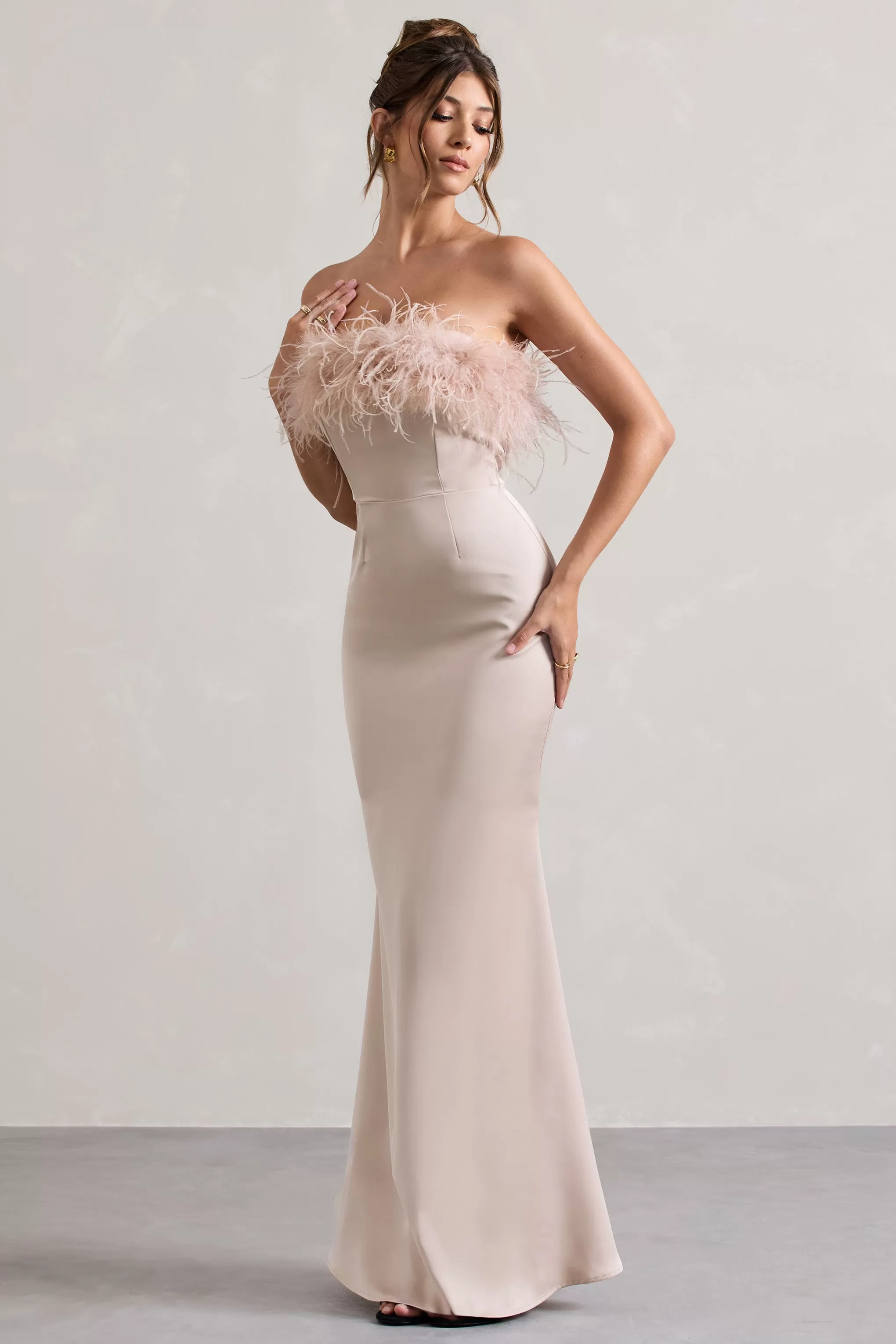 Dress For It | Champagne Satin Strapless Feather Trim Maxi Dress