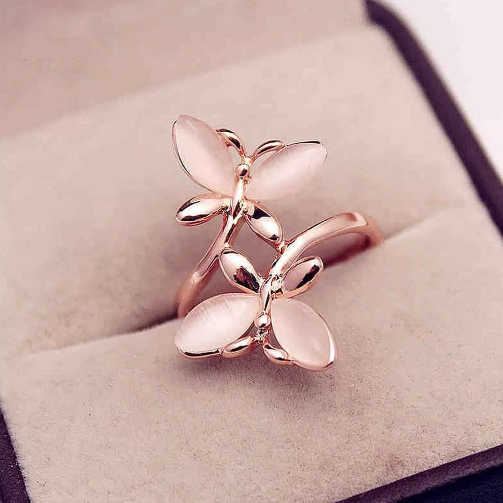 Exquisite Butterfly Rose Gold Pink Fire Opal Ring