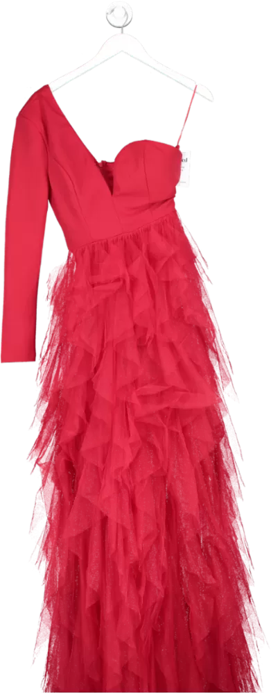 Faeriesty Red One Sleeve Belted Tulle Layered Maxi Dress UK S