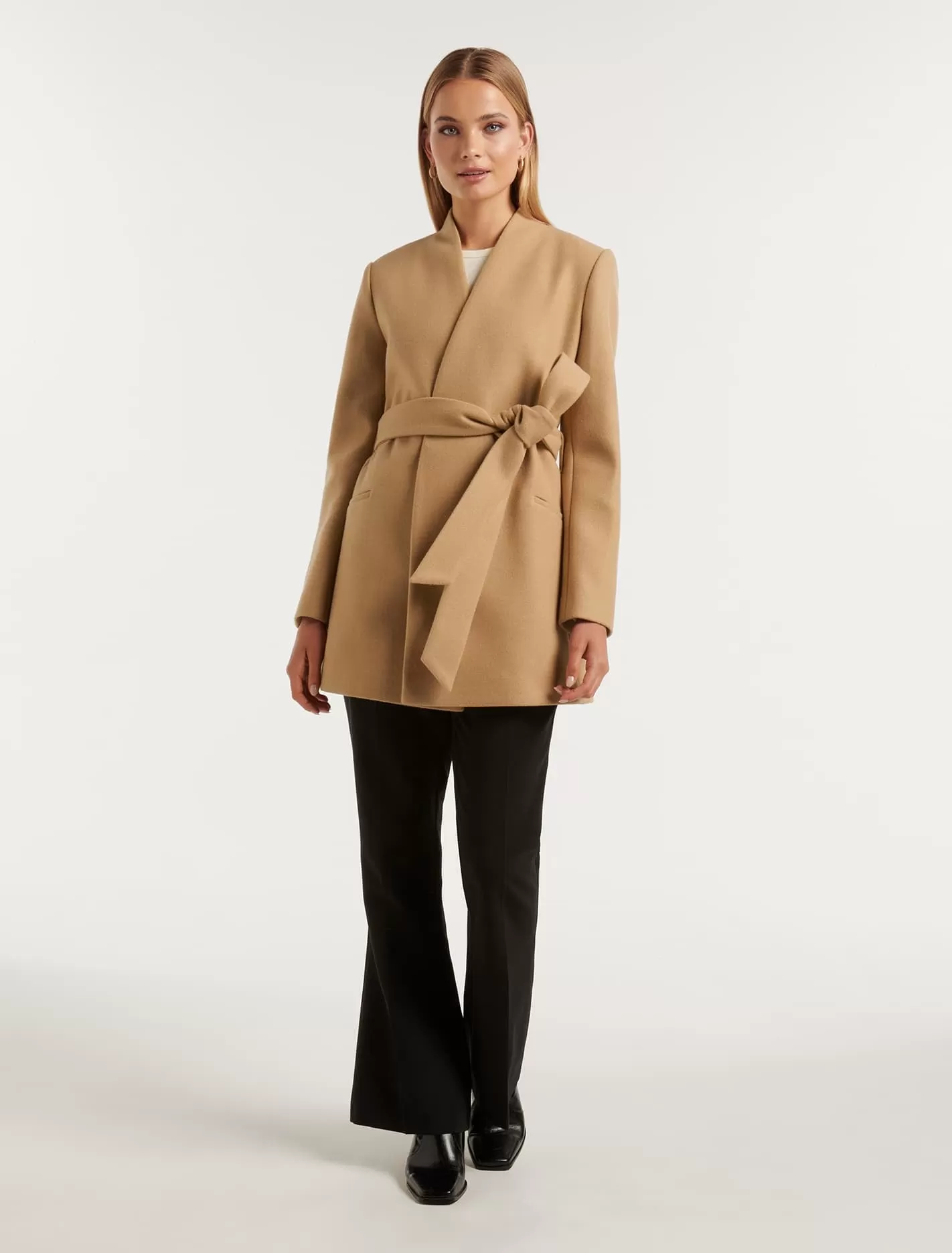 Faye Belted Collarless Coat