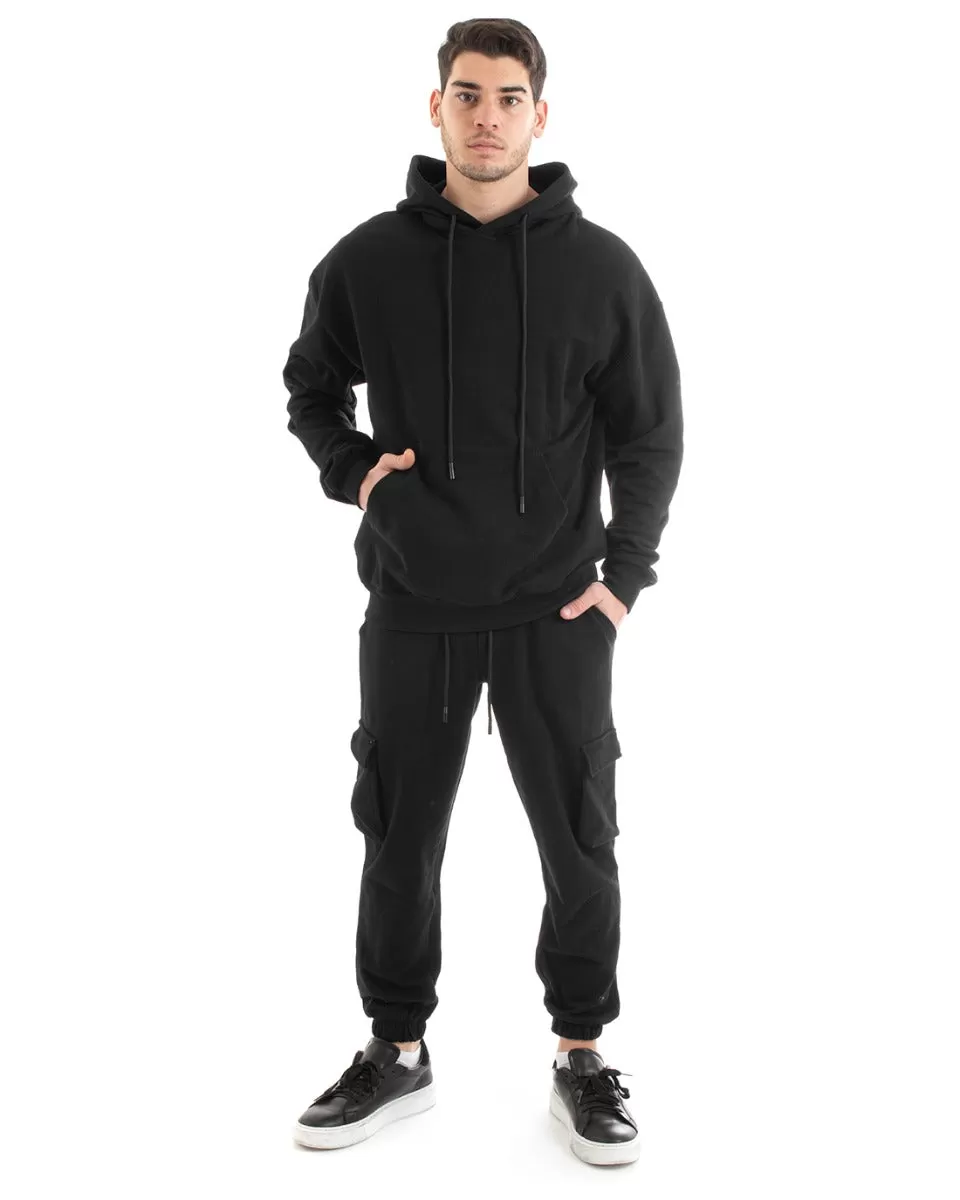 Felpa Con Cappuccio Uomo Basic Tinta Unita Nero Comoda Relaxed Fit Cotone GIOSAL-F2983A