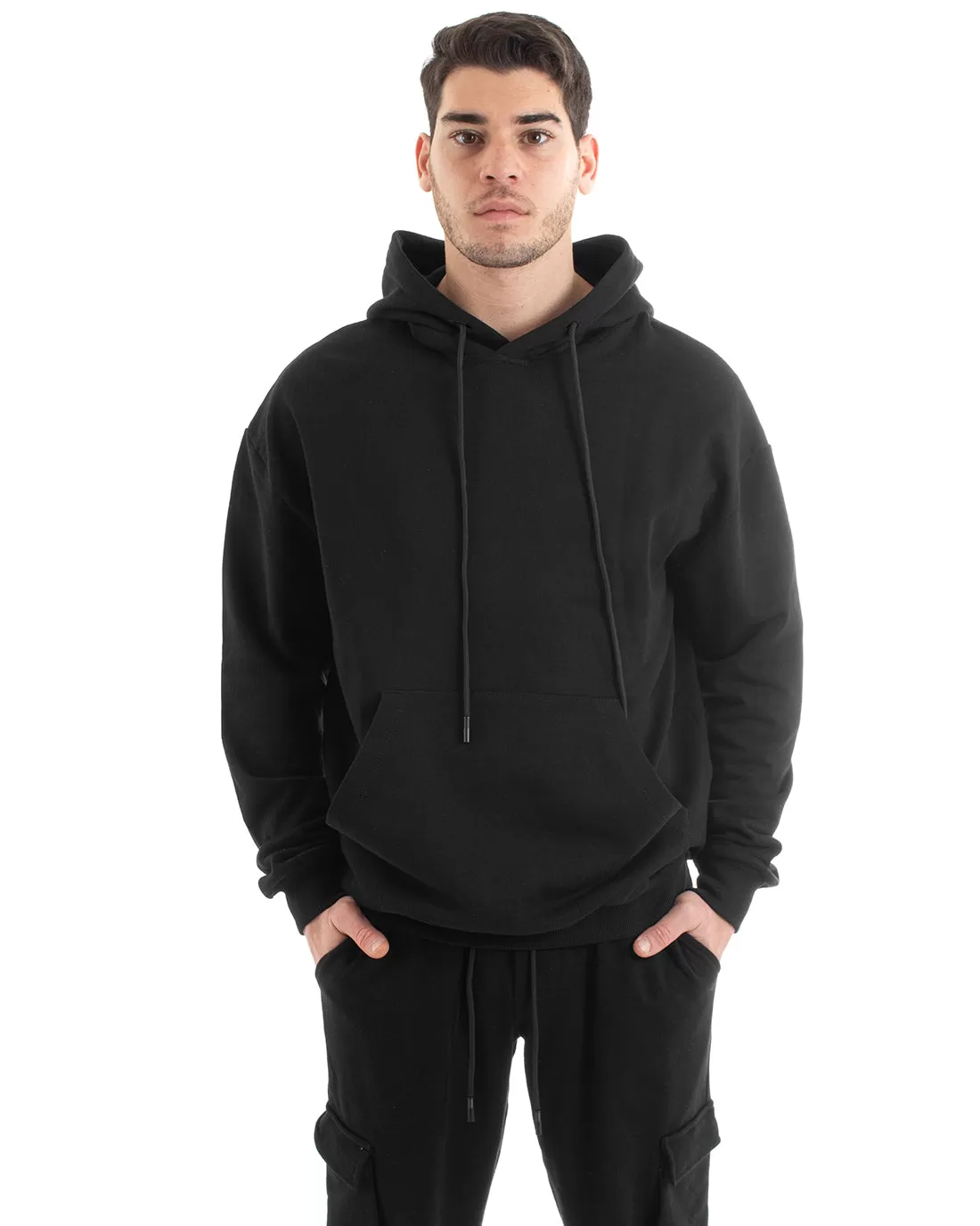 Felpa Con Cappuccio Uomo Basic Tinta Unita Nero Comoda Relaxed Fit Cotone GIOSAL-F2983A