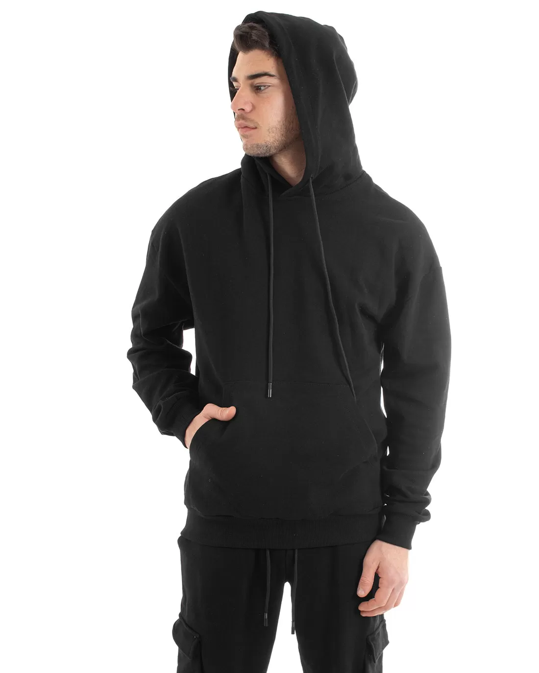 Felpa Con Cappuccio Uomo Basic Tinta Unita Nero Comoda Relaxed Fit Cotone GIOSAL-F2983A