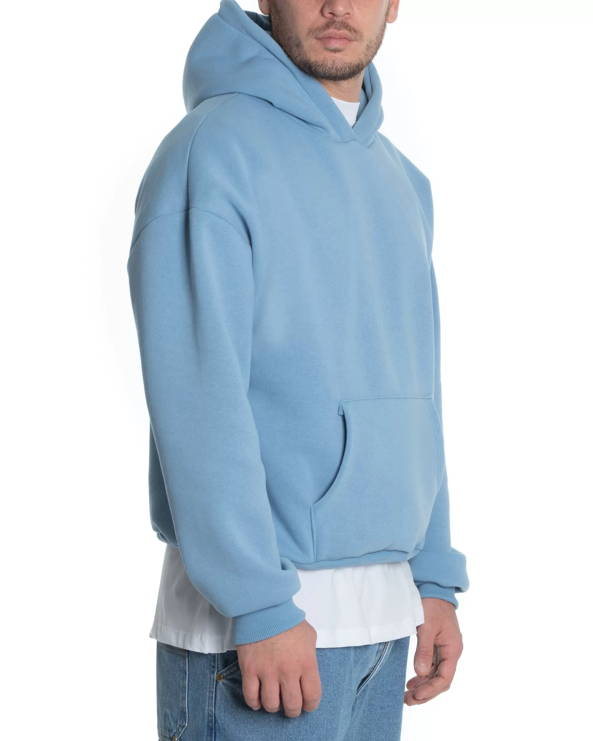 Felpa Con Cappuccio Uomo Boxy Fit Basic Felpata Comoda Tinta Unita Azzurro GIOSAL-F2996A