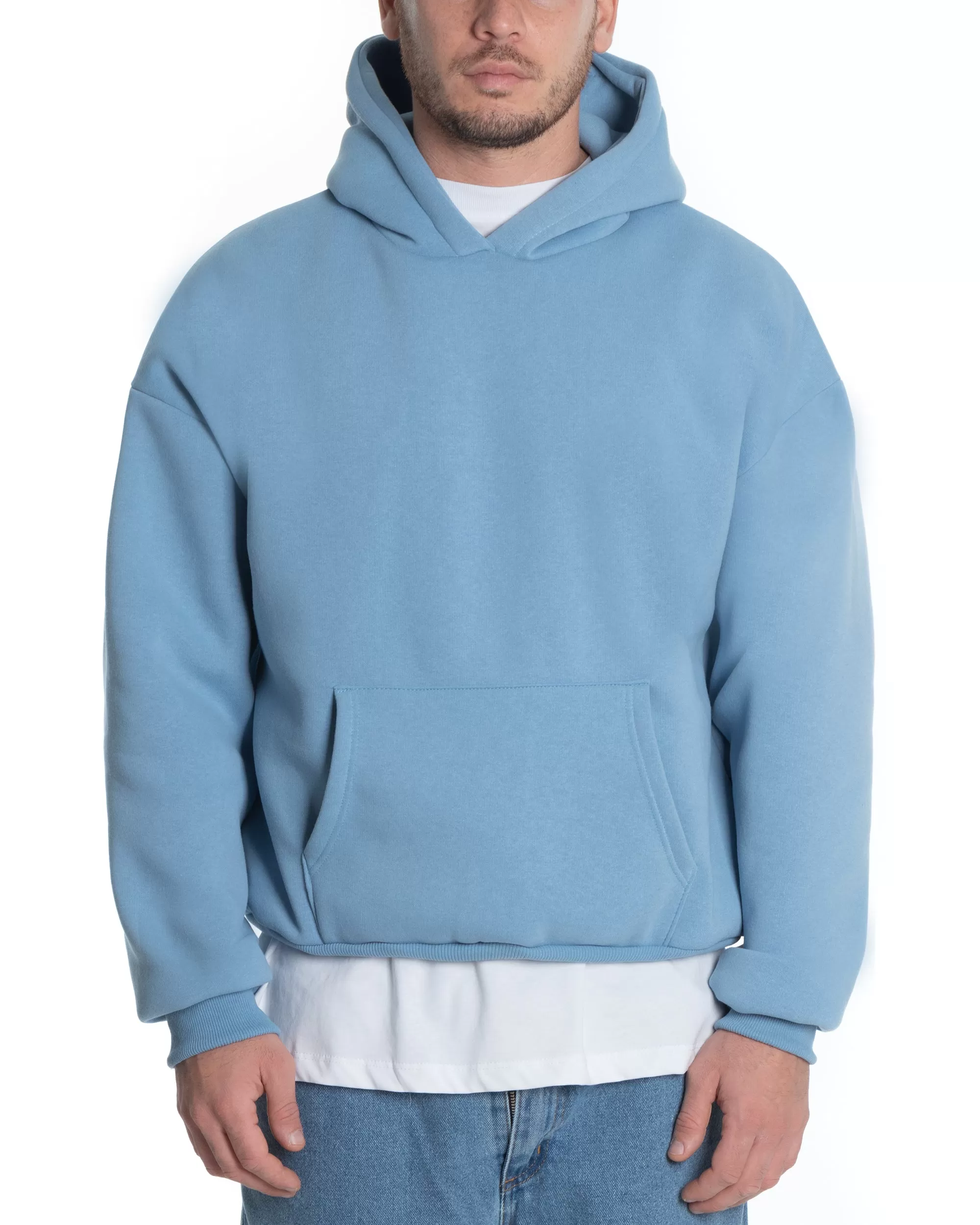 Felpa Con Cappuccio Uomo Boxy Fit Basic Felpata Comoda Tinta Unita Azzurro GIOSAL-F2996A