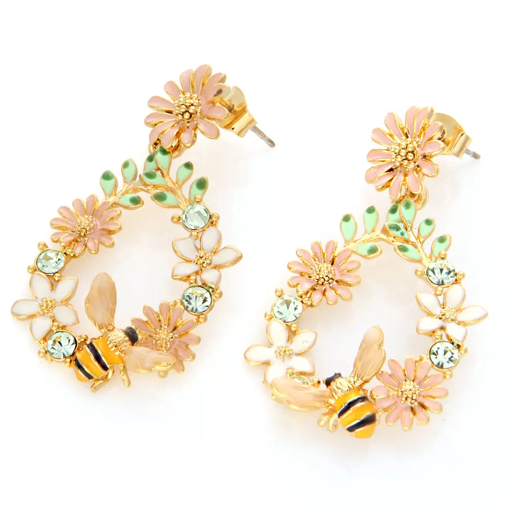 Flower Wreath and Bumble Bee Drop Earrings