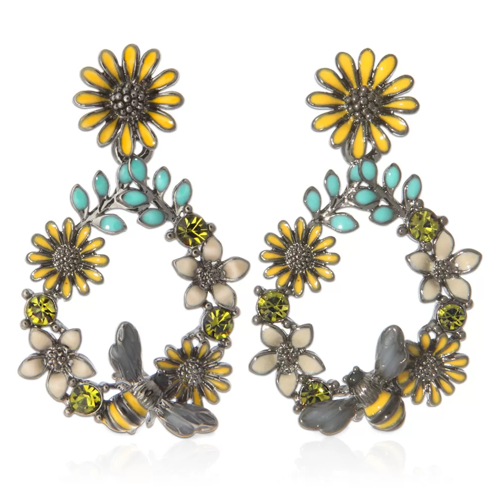 Flower Wreath and Bumble Bee Drop Earrings