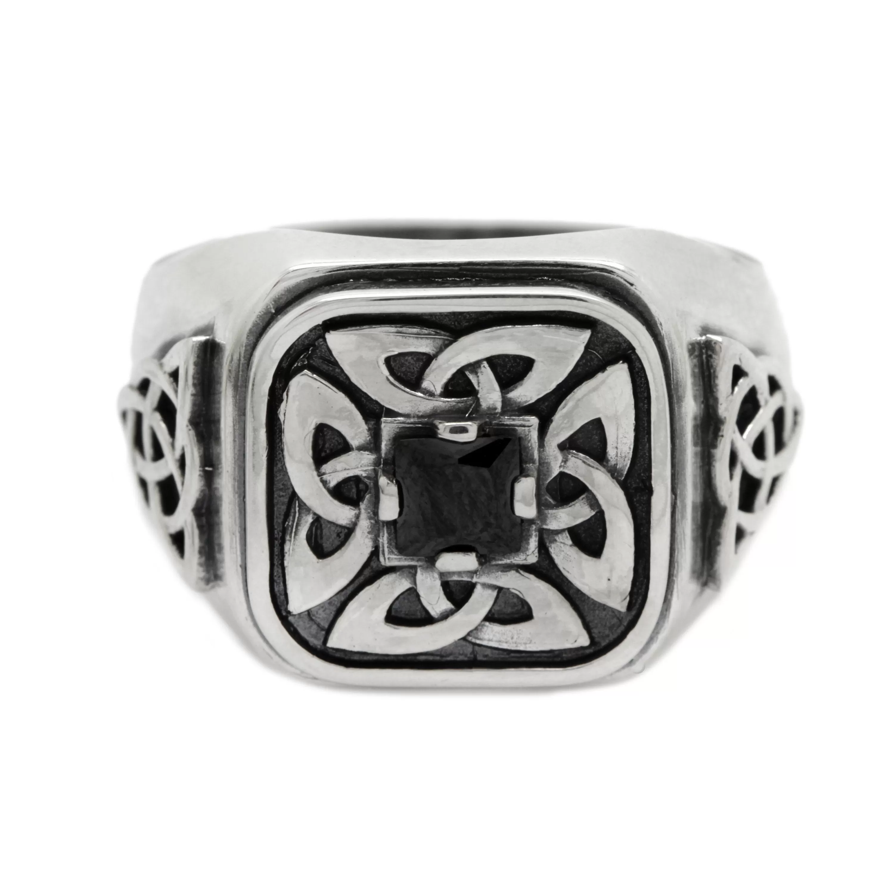 Four Leaf Clover with Black Zircon Men's Ring Silver 925