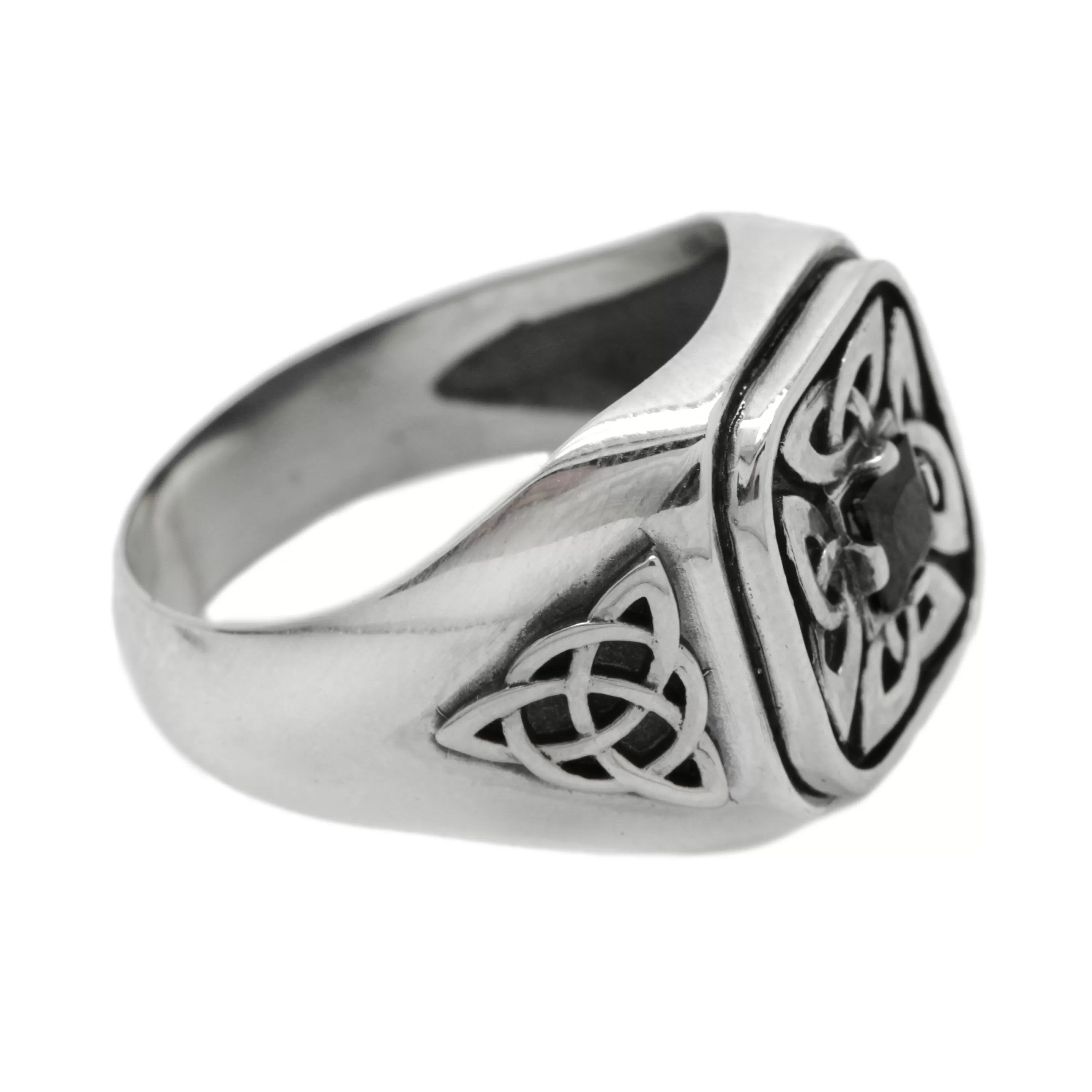 Four Leaf Clover with Black Zircon Men's Ring Silver 925