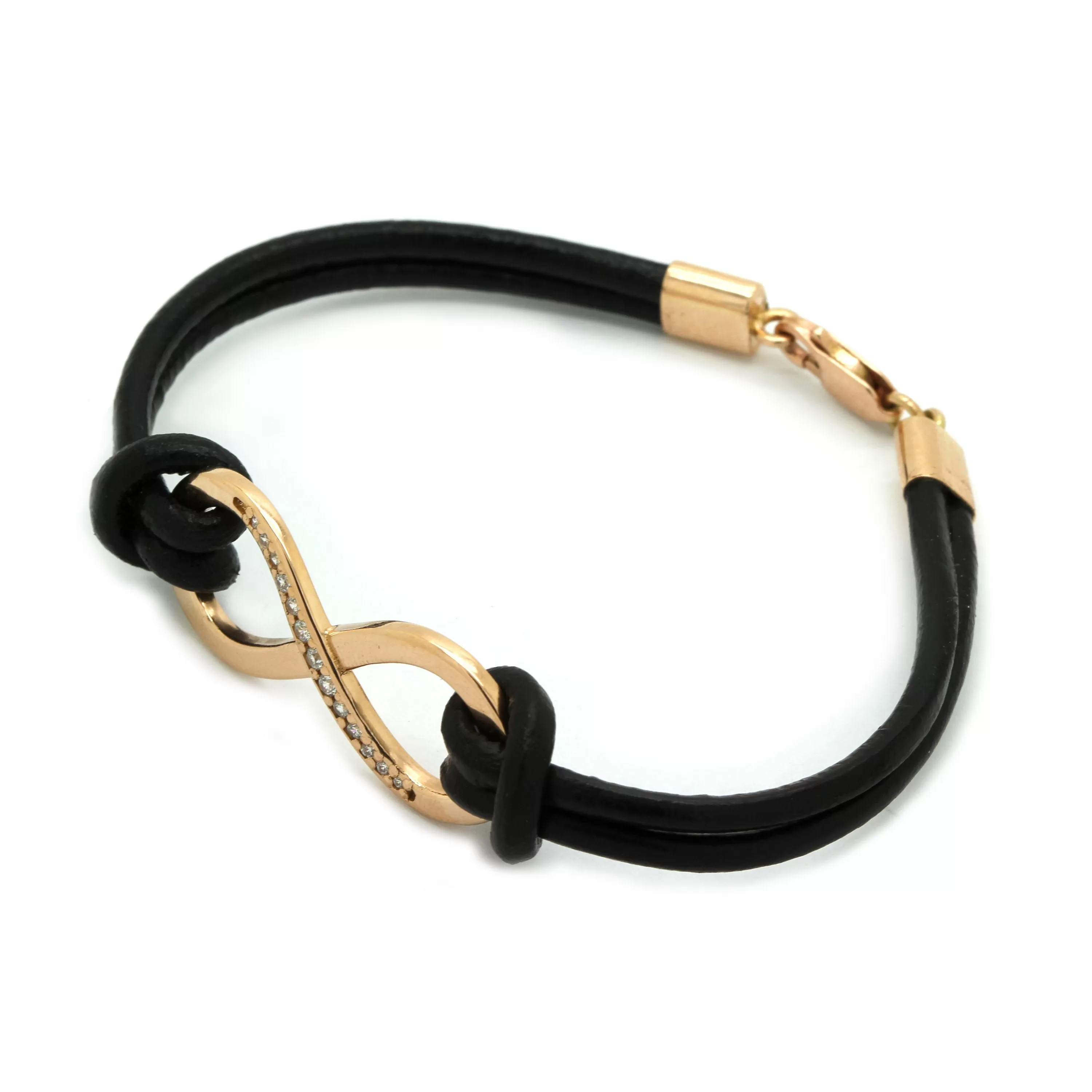 Gold 14K 585 Infinity Women's Bracelet Rose Gold with Genuine Leather Cord