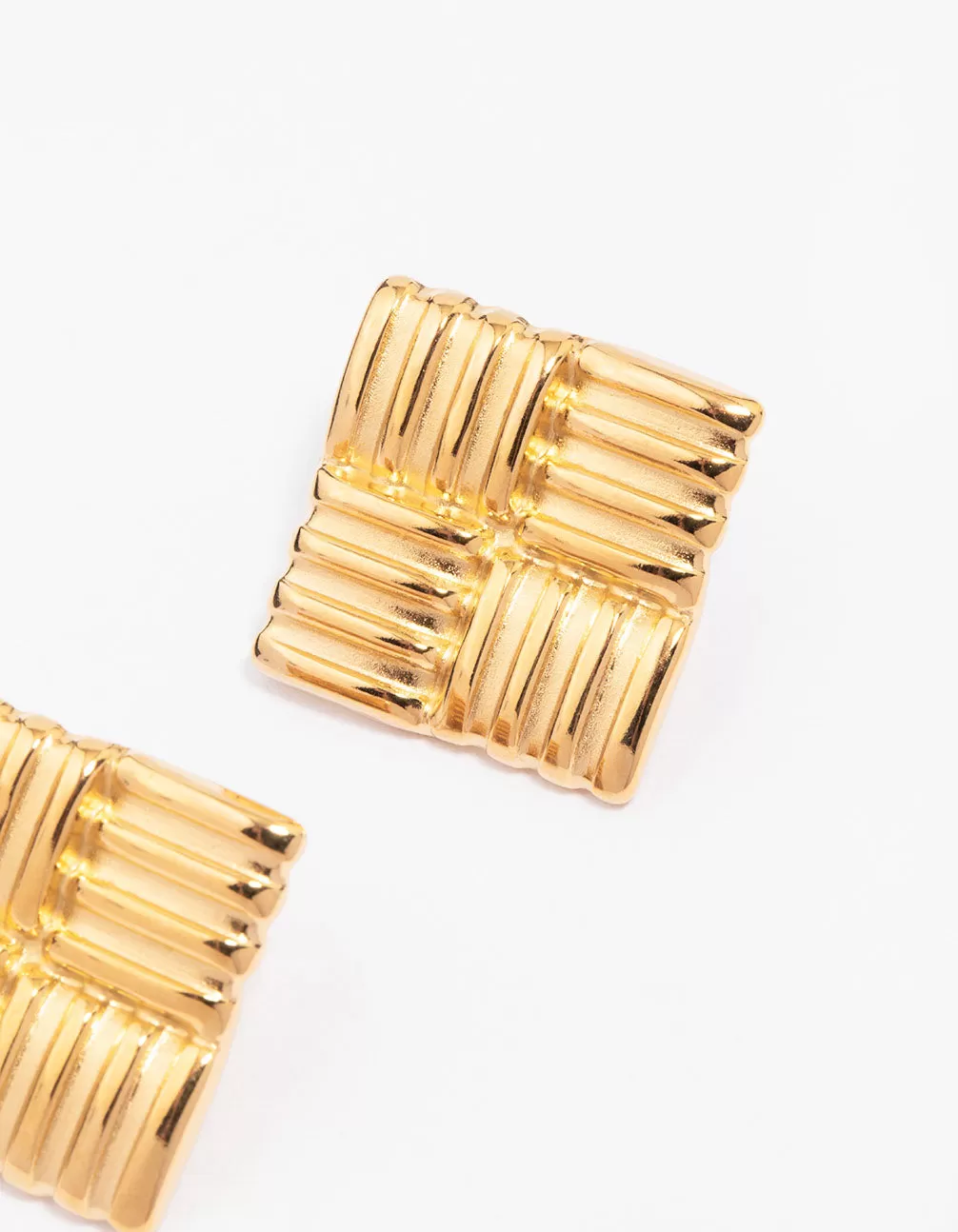 Gold Plated Stainless Steel Square Ribbed Stud Earrings