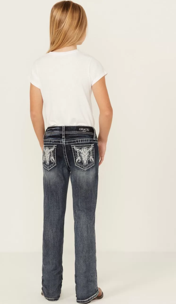 Grace in LA Girls' Medium Wash Longhorn Skull Stretch Bootcut Jeans