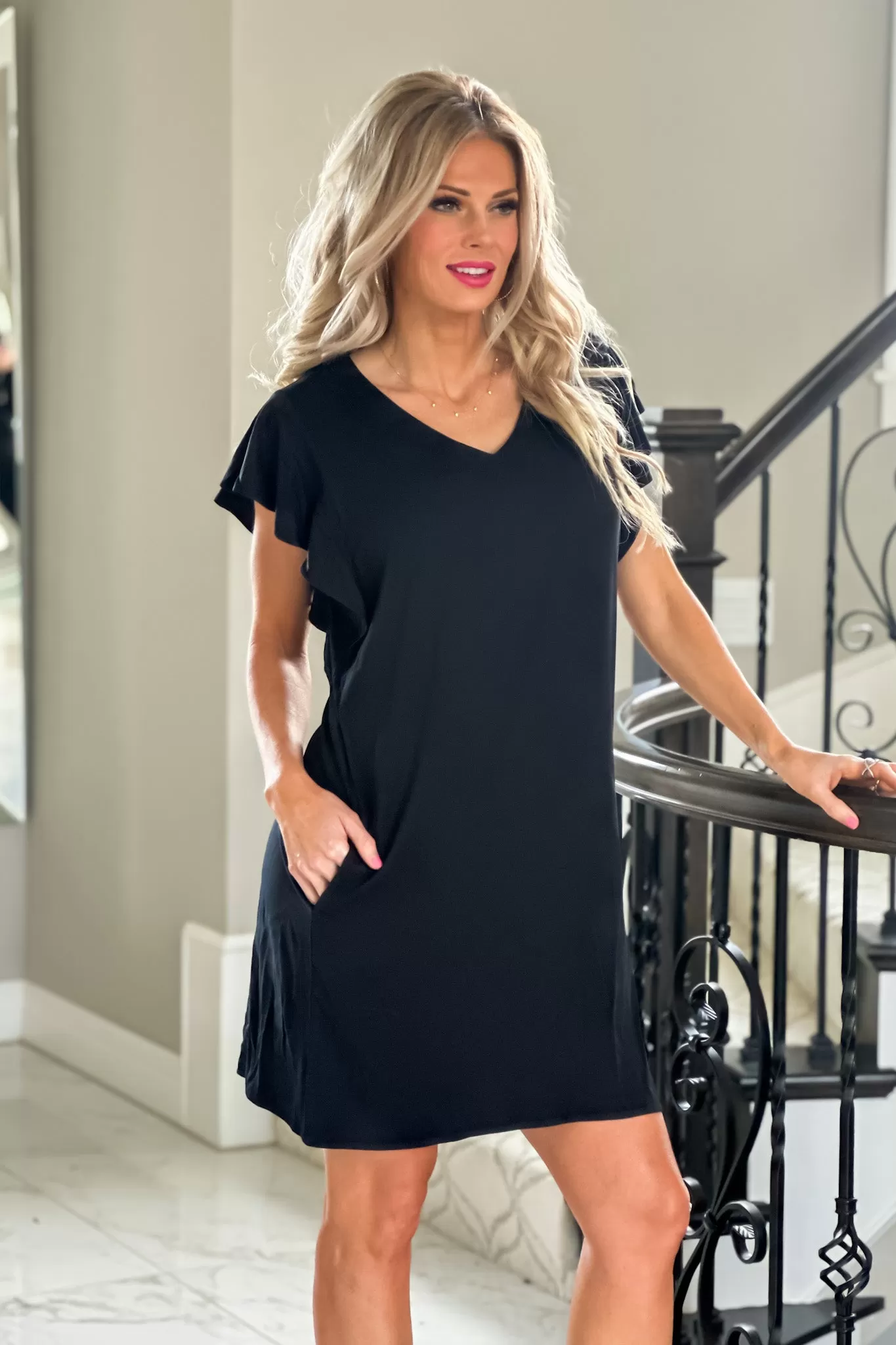 Grace Liverpool Flutter Sleeve V-Neck Dress : Black