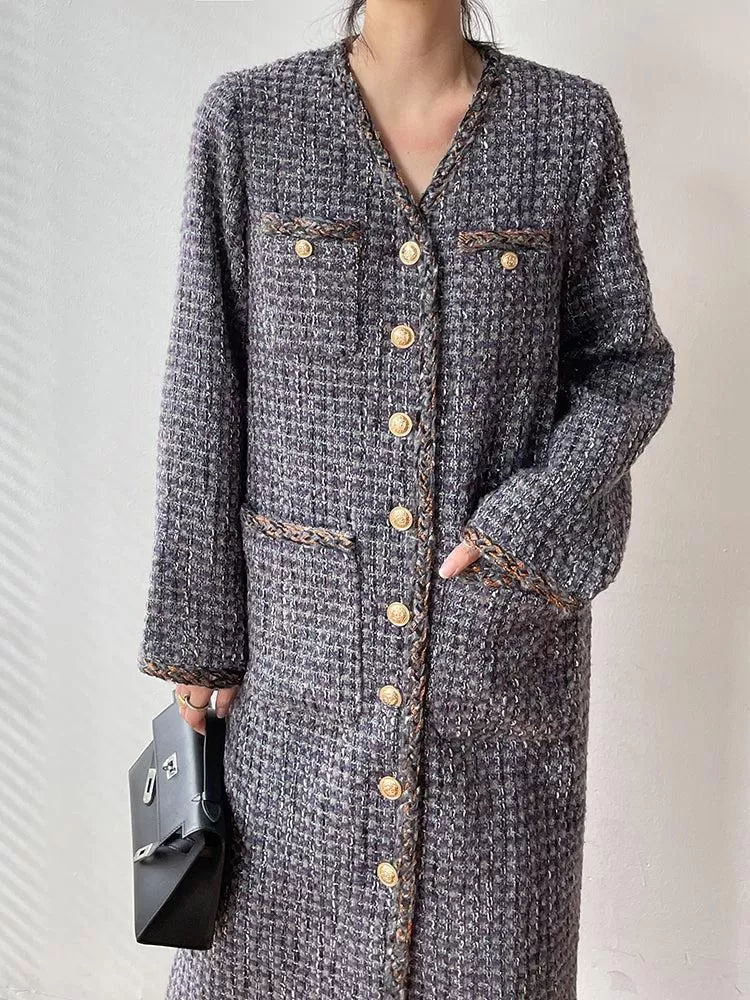 Gray Single Breasted Tweed Long Coat