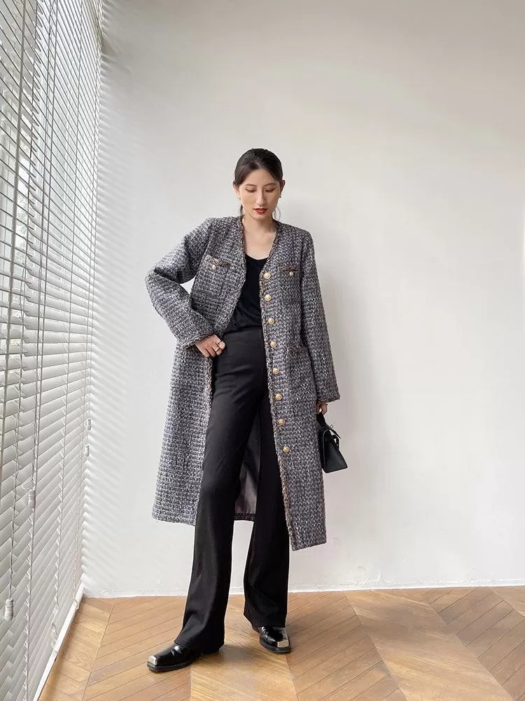 Gray Single Breasted Tweed Long Coat