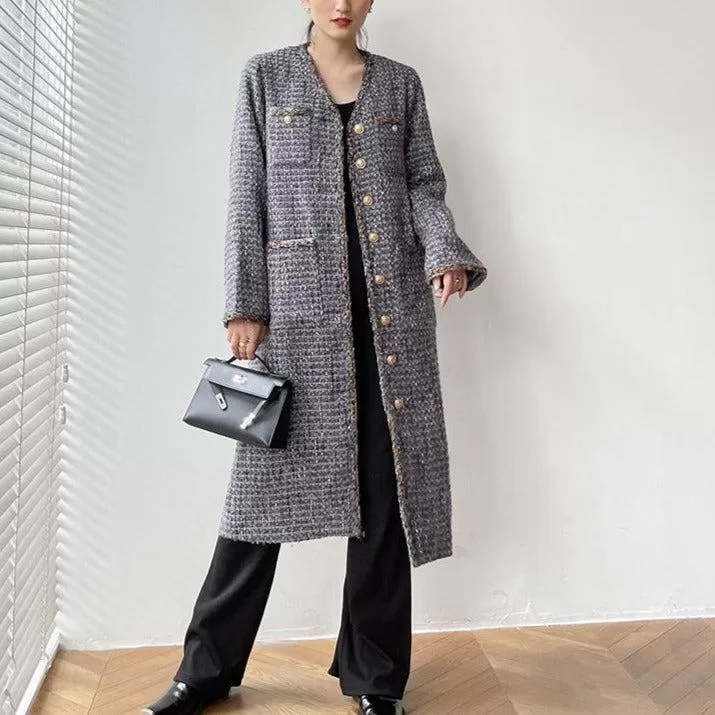 Gray Single Breasted Tweed Long Coat