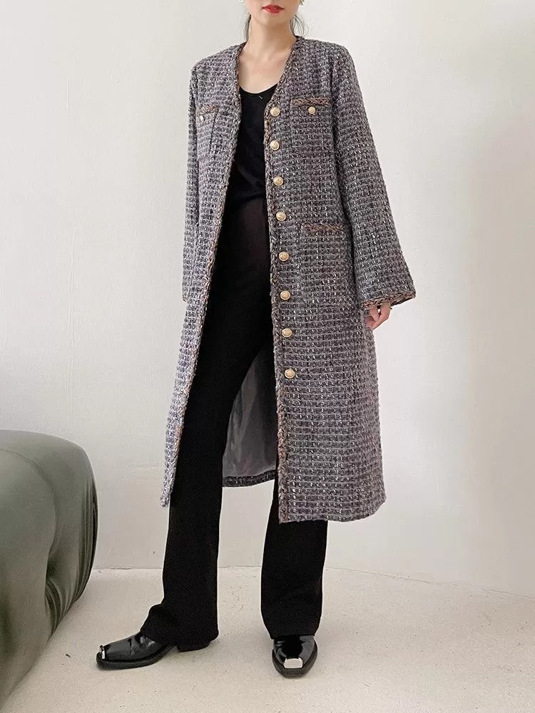 Gray Single Breasted Tweed Long Coat