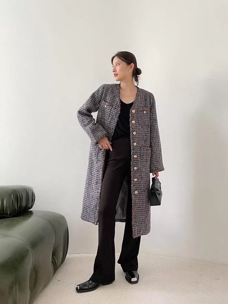 Gray Single Breasted Tweed Long Coat