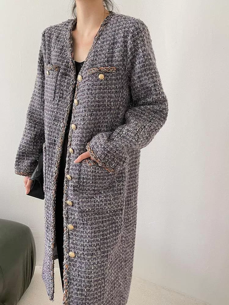 Gray Single Breasted Tweed Long Coat