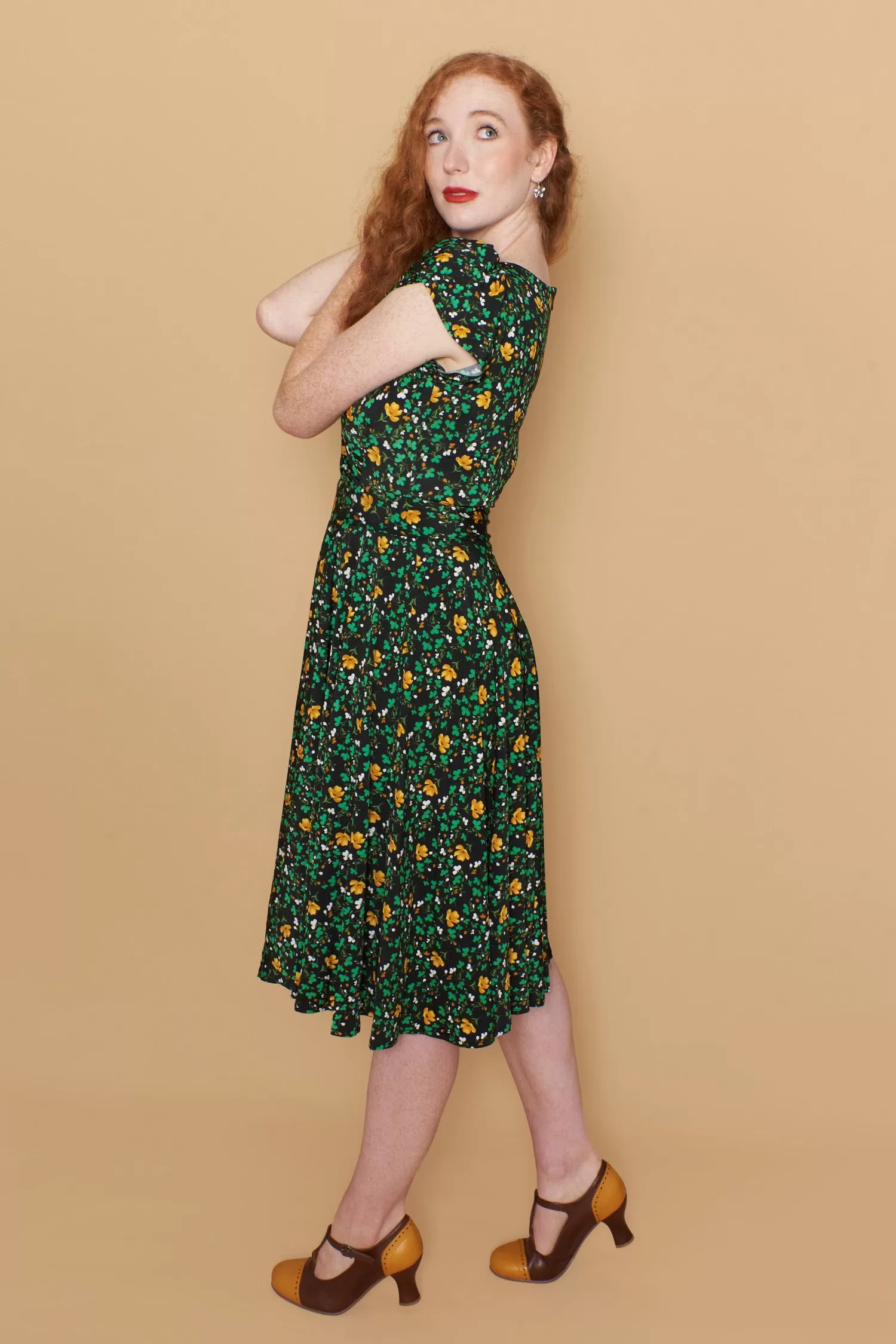 Green & Mustard Floral Jersey Dress