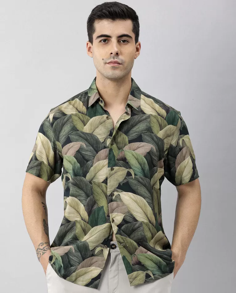 Green leaf print half sleeve shirt for men