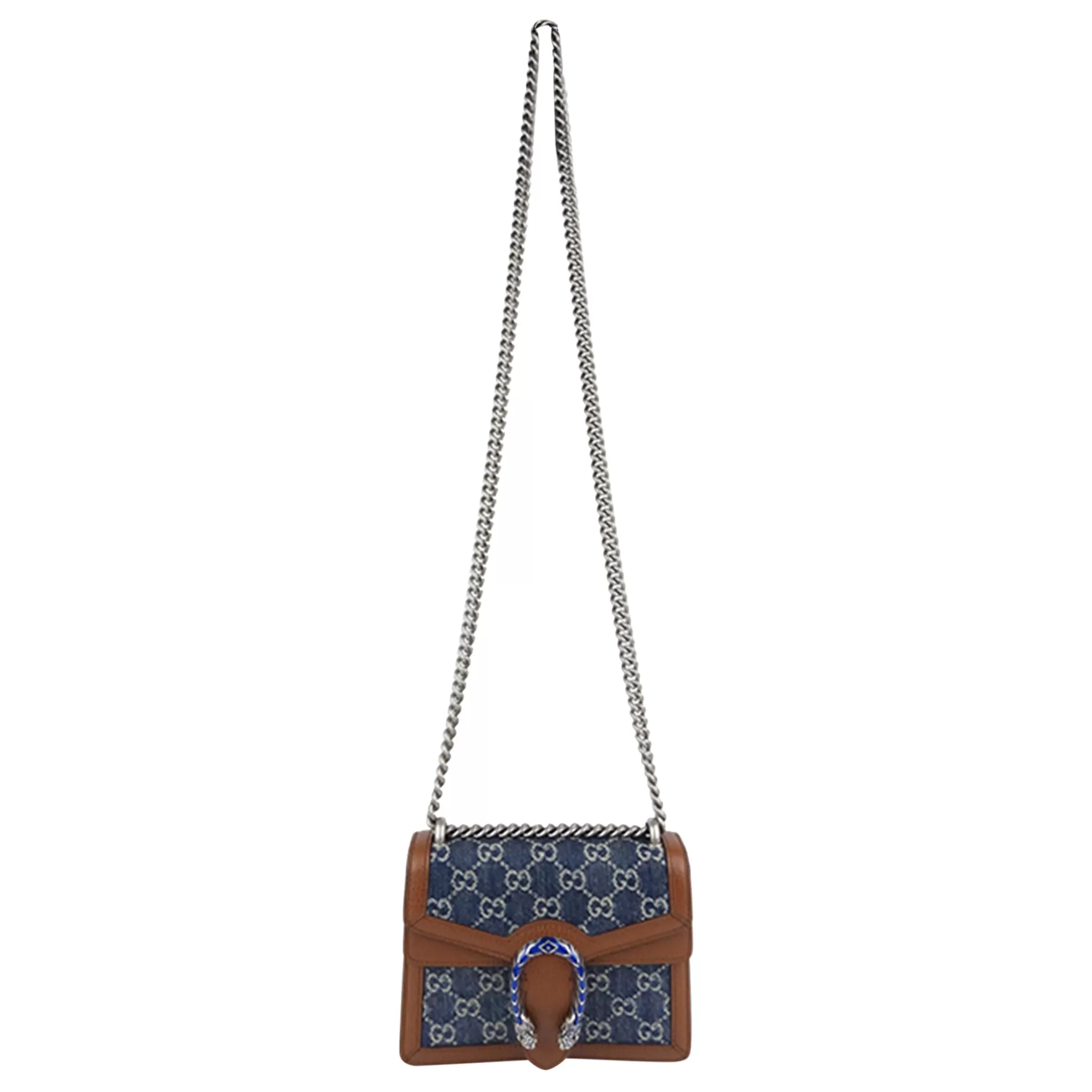 Gucci GG Monogram Denim and Brown Leather Mini Dionysus Chain Flap Crossbody Shoulder Bag