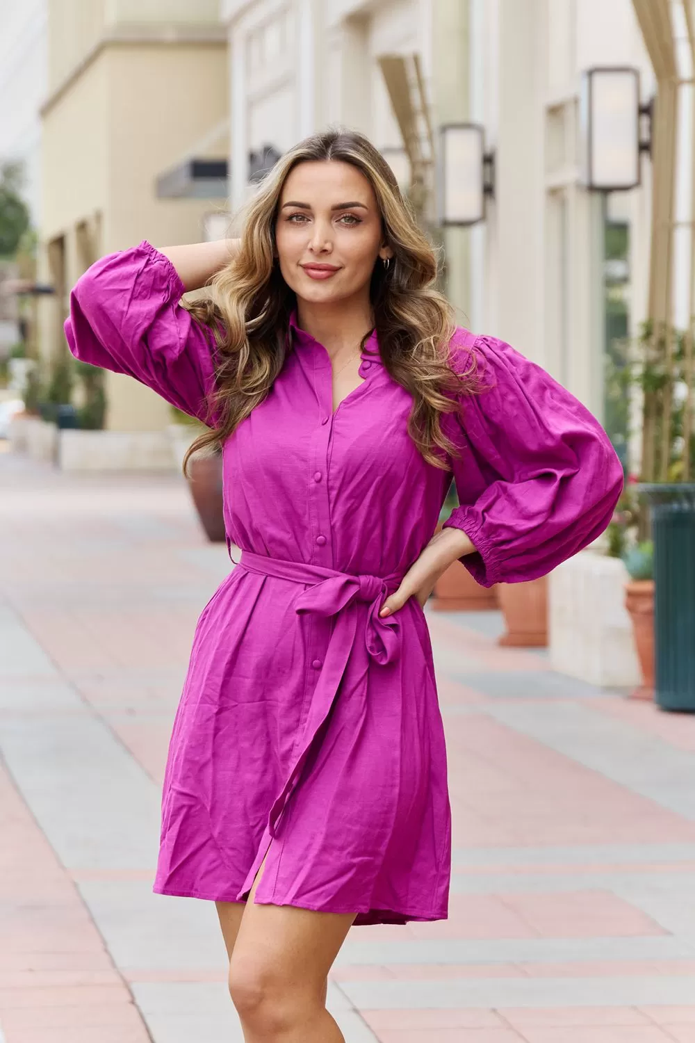 Half Sleeve Belted Mini Dress in Magenta