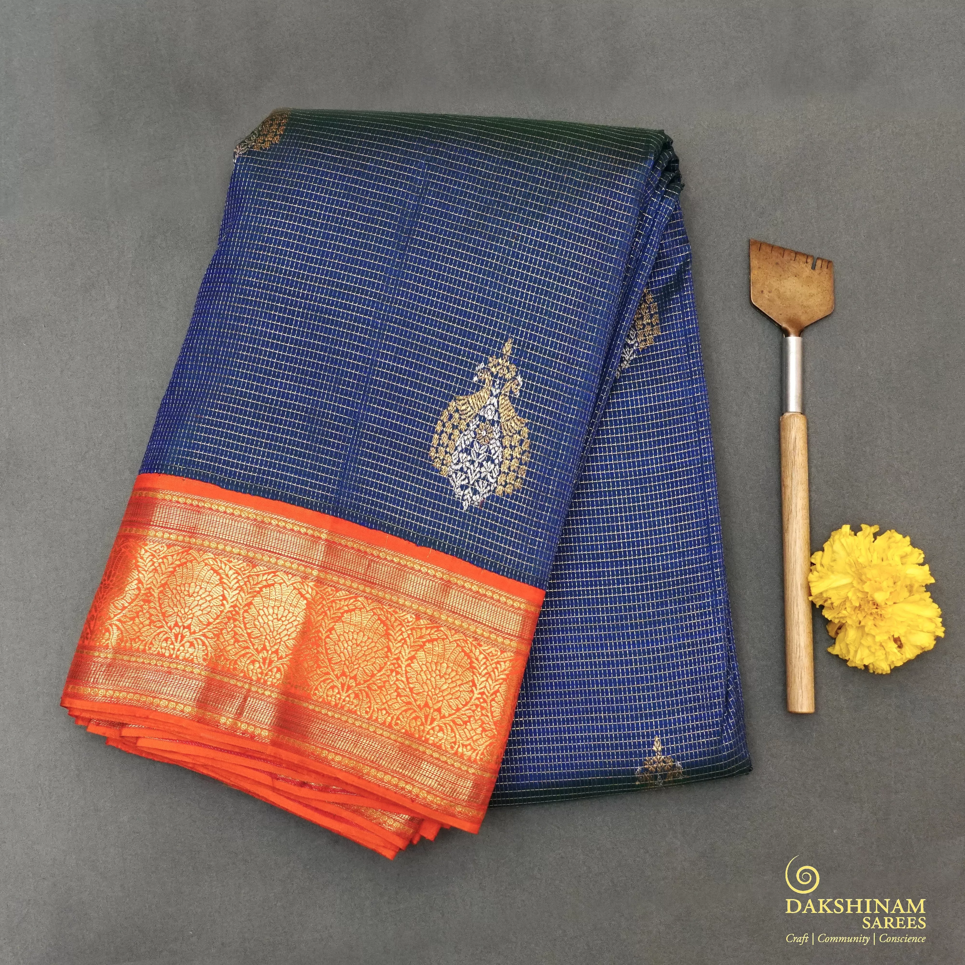 Handwoven Blue with Orange Kanjivaram Silk Saree - 1898T008799DSC