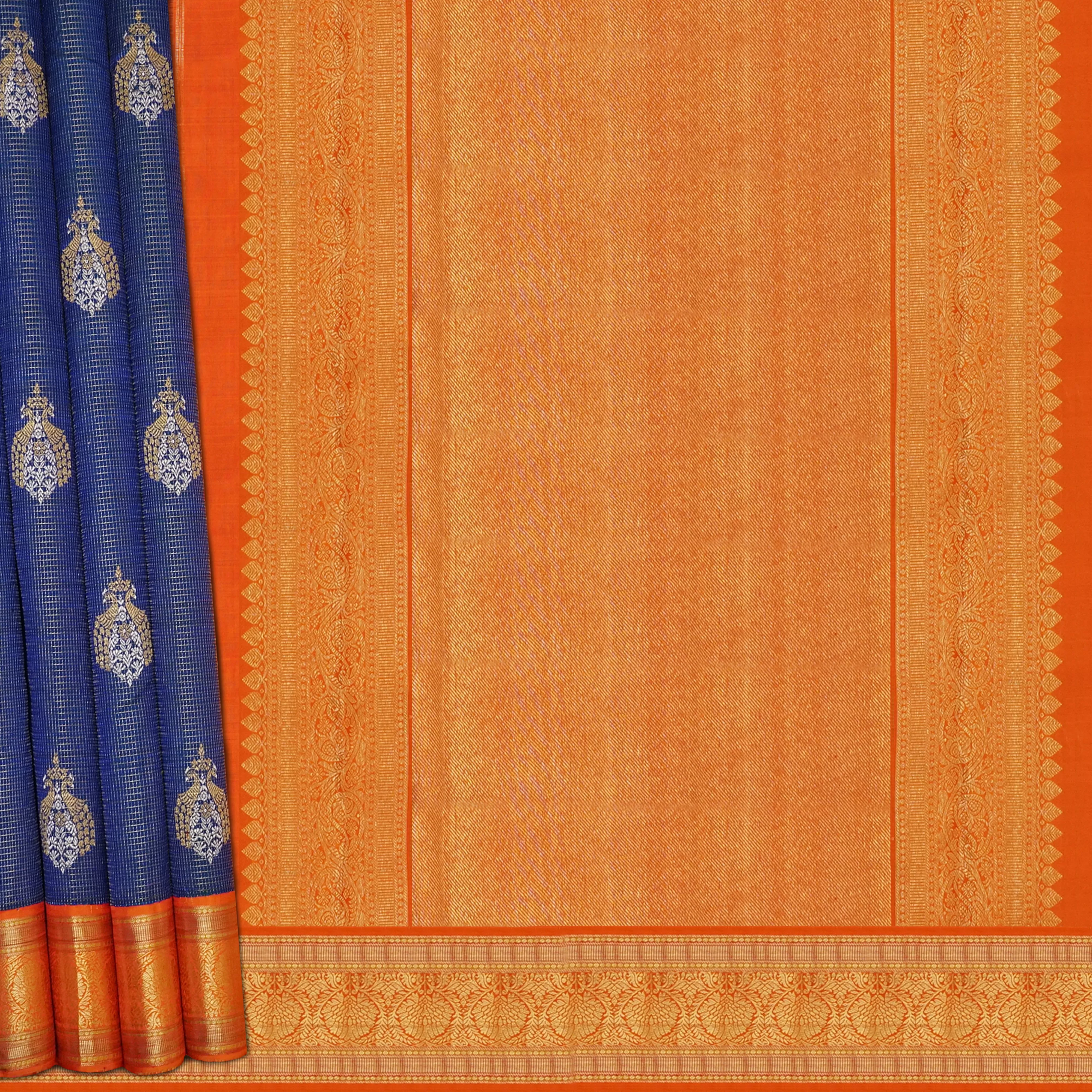 Handwoven Blue with Orange Kanjivaram Silk Saree - 1898T008799DSC