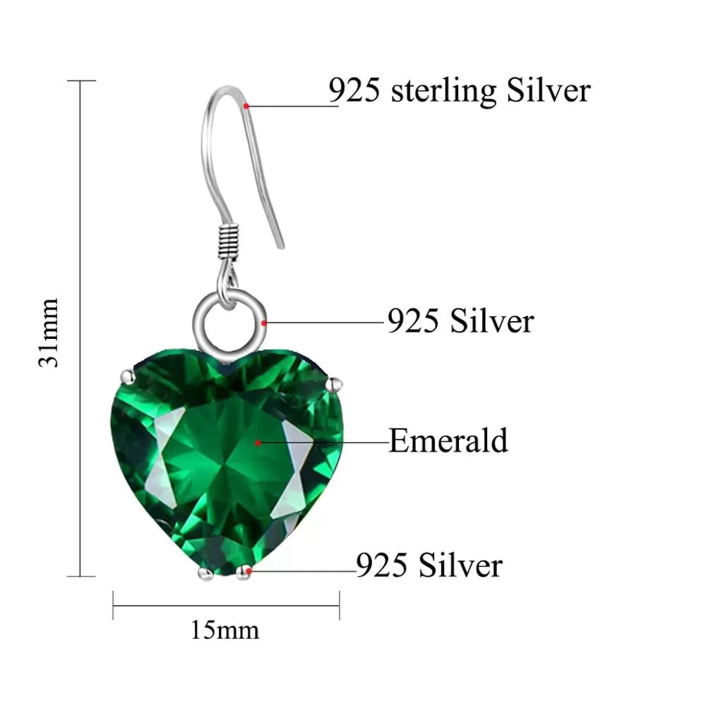 Heart Shape Emerald Drop Earrings - 925 Sterling Silver