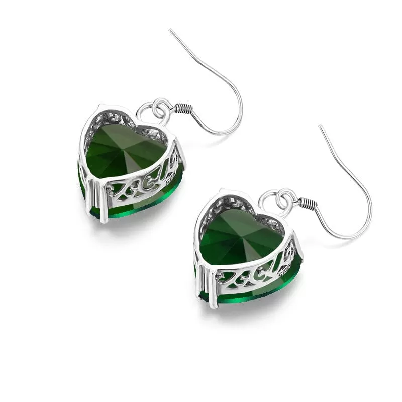 Heart Shape Emerald Drop Earrings - 925 Sterling Silver