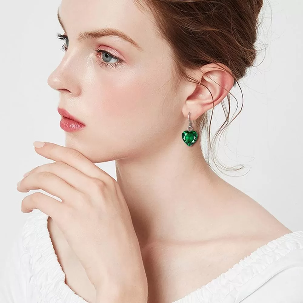 Heart Shape Emerald Drop Earrings - 925 Sterling Silver