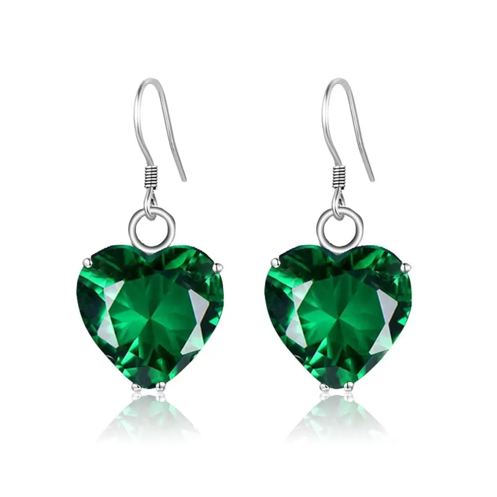 Heart Shape Emerald Drop Earrings - 925 Sterling Silver