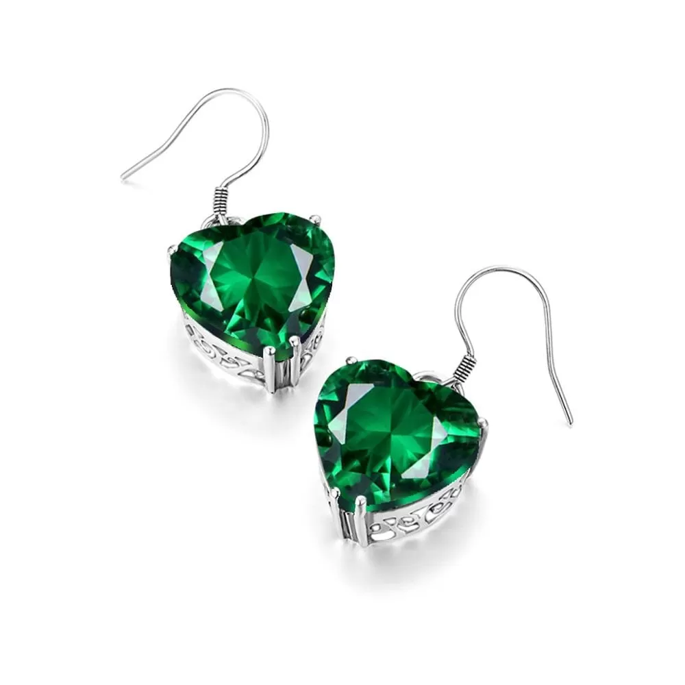 Heart Shape Emerald Drop Earrings - 925 Sterling Silver