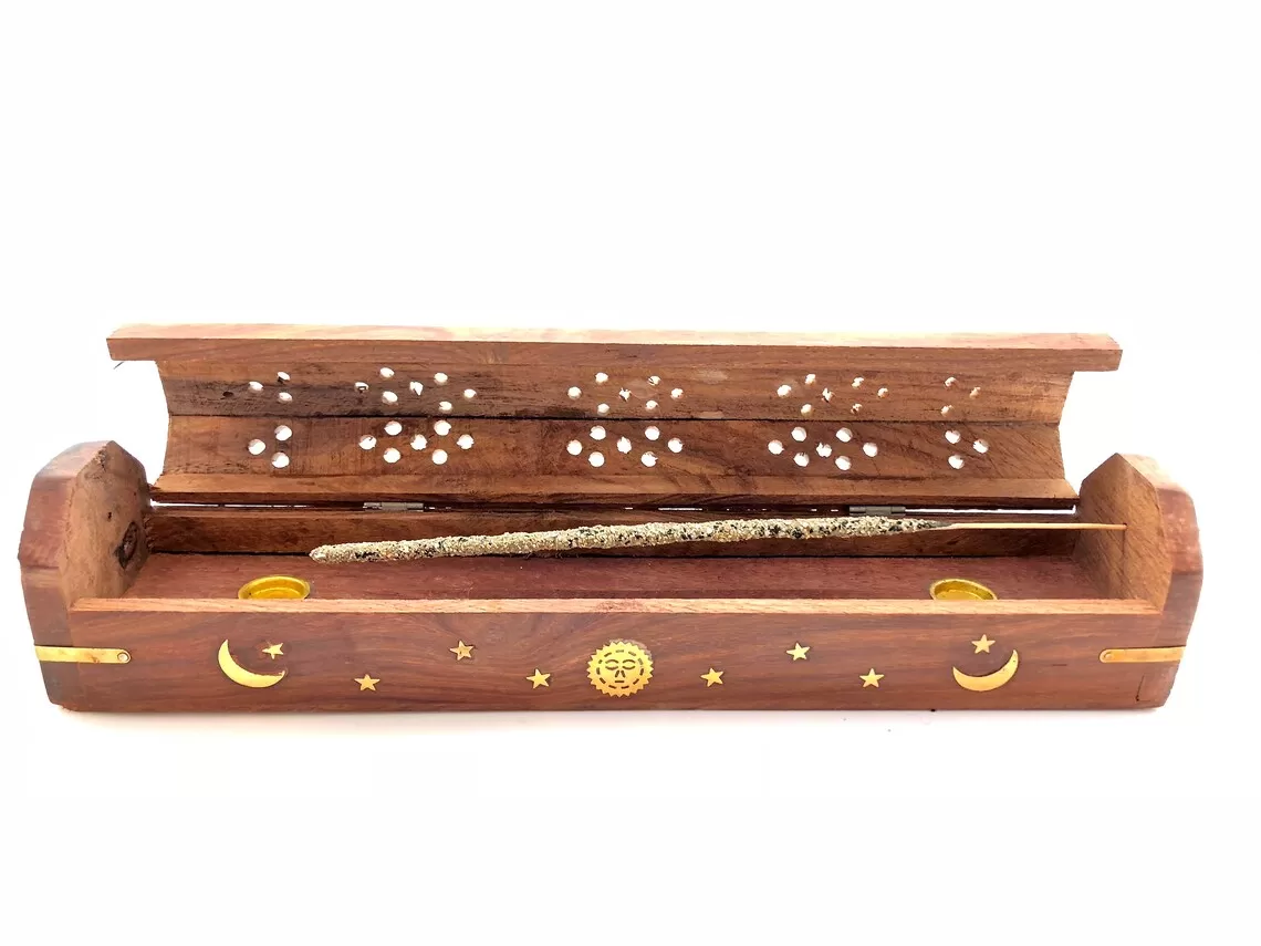 Incense Burner Box- Celestial Wooden - Sun, Moon And Stars Brass Inlay