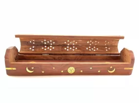 Incense Burner Box- Celestial Wooden - Sun, Moon And Stars Brass Inlay