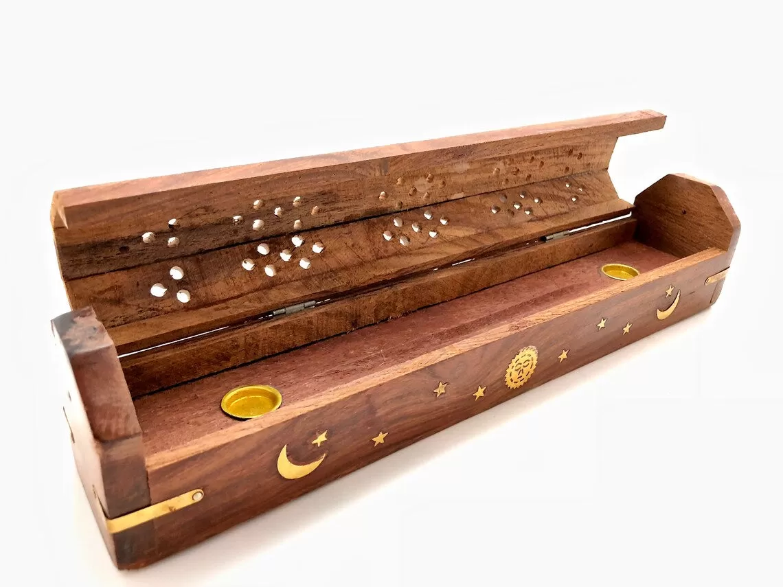 Incense Burner Box- Celestial Wooden - Sun, Moon And Stars Brass Inlay