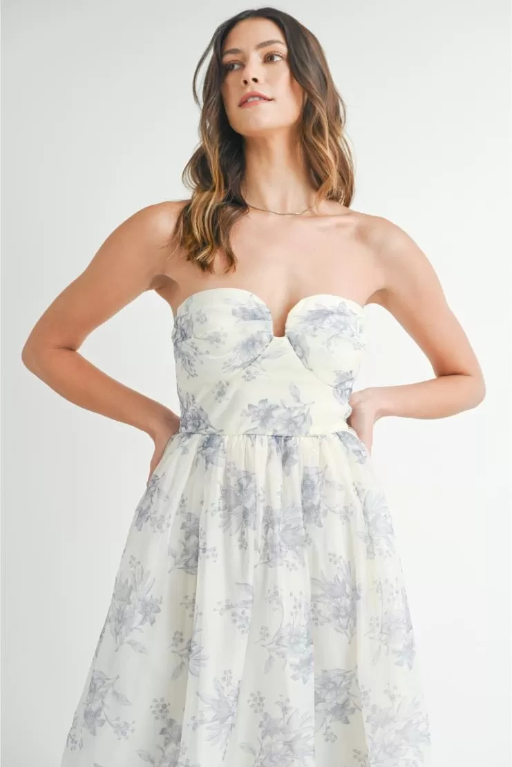 Irene Sweetheart Organza Floral Midi Dress