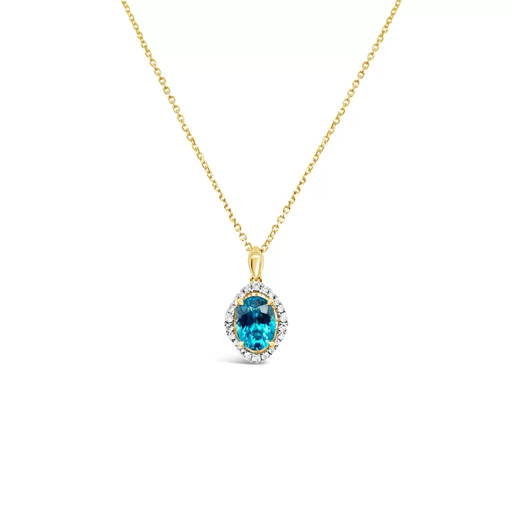 Irisa by Martin Binder Blue Zircon & Diamond Oval Halo Necklace